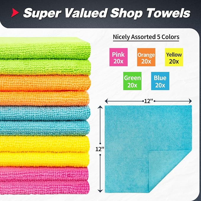 FIXSMITH Microfiber Cleaning Cloth, 100 Pack Shop Towels, Micro Fiber Cloth for Cleaning Car, All-Purpose Absorbent Cleaning Rags for Housekeeping, Dust Cloth for Office, Car Wash Towels, 12inx12in - Image 2