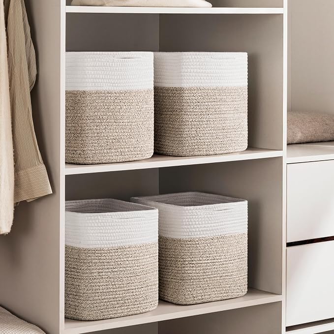 joybest 13inch Cube Storage Bins, Cotton Rope Woven Organizer Basket | Set of 4 Cube Bin Square Shelves Organizer Closet Storage, Nursery, Toy Organization, Brown&White - Image 4