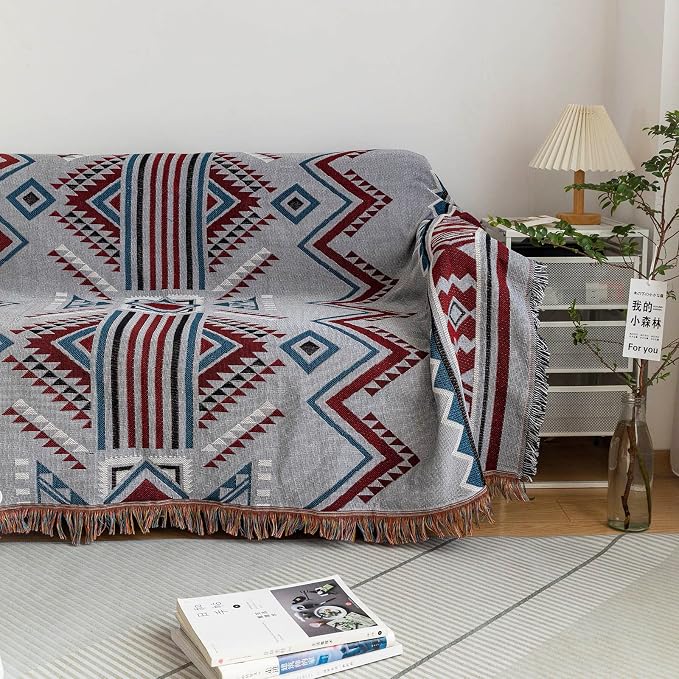 ROOMLIFE Grey-Violet Geometry Jacquard Couch Cover Aztec Thread Blanket Sofa Slipcovers Boho Living Room Sofa Covers Sectional Couch Covers for 3-4 Cushion Couch Furniture Protector for Dogs 71"x 134" - Image 3