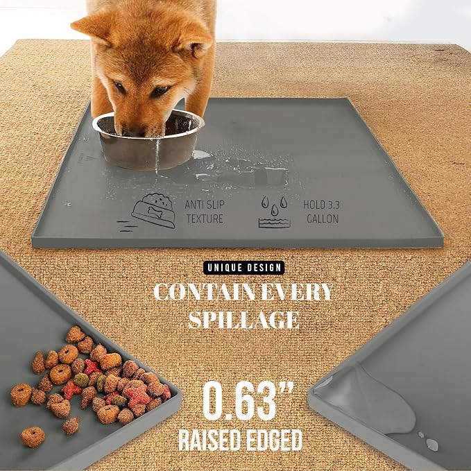 AVERYDAY 100% Waterproof Thicker Silicone Dog Food Mat, 0.63'' Raised Edge Bowl Mat for Food & Water, Non Slip Pet Feeding Placemat for Messy Drinkers, Perfect for Large Medium Small Breeds, 23"x16" - Image 3