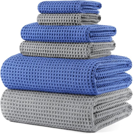 POLYTE 430 GSM Microfiber Quick Dry Lint Free Oversize Bath Towel Set, 6 Piece (Waffle Weave) by Polyte