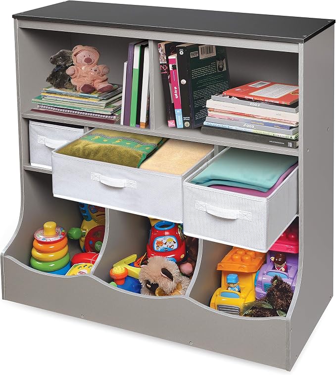 Badger Basket Combo Toy Storage Organizer and Bookshelf - Kids Storage Unit with 3 Removable Baskets, Open Shelves, Top Display Surface - Woodgrain and Gray - Image 6