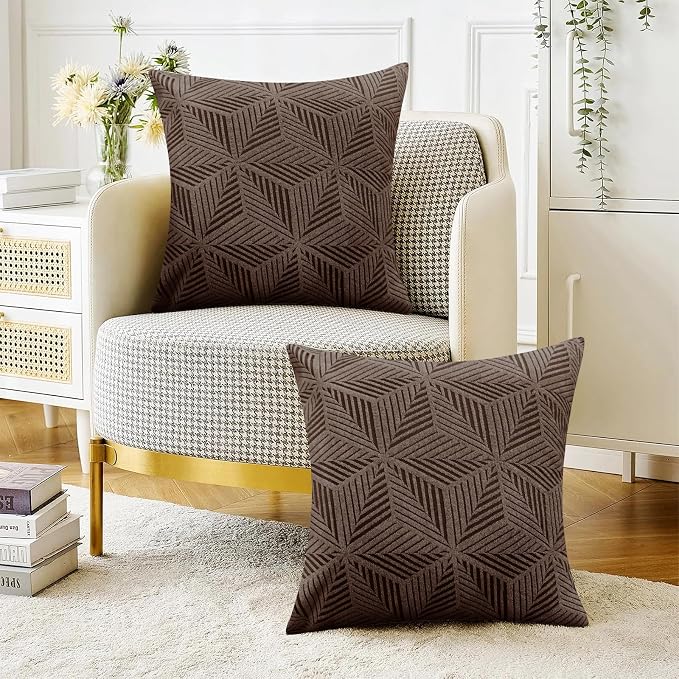 YEMYHOM Pack of 2 Throw Pillow Covers 18 x 18 Inch High Stretch Jacquard Pillowcase for Couch Sofa Living Room Home Decor, Brown - Image 2