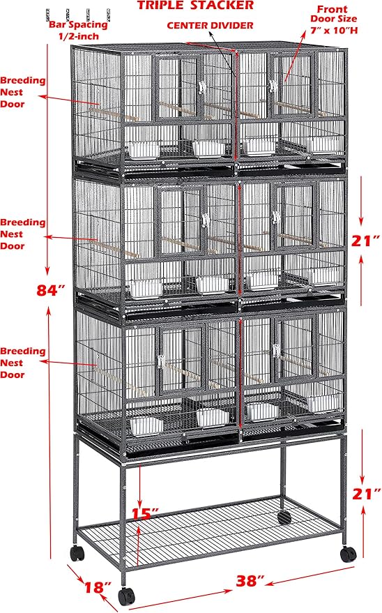 Single/Double/Triple Stackable Center Divided Breeder Breeding Bird Flight Double Rolling Cage for Aviaries Canaries Cockatiels Lovebirds Finches Budgies Small Parrots (White, Triple) - Image 2