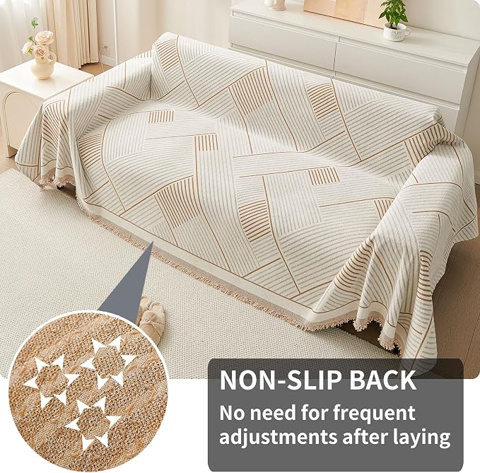 HAOMAIJIA Non Slip Couch Cover Sofa Covers for 3 Cushion Couch Washable sectional Couch Covers for Dogs pet Furniture Protector Couch Cover Blanket for Living Room (CQ-Khaki/Grey, 91"x134") - Image 2