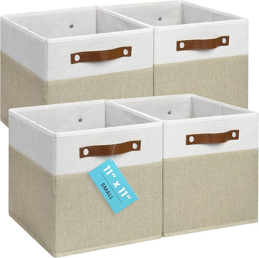OrganiHaus 11x11 Cube Storage Bins, Set of 4 - Fabric Storage Cubes | Sturdy, holds its shape; odor-free; fits ClosetMaid 11-inch shelves; vegan leather handles by OrganiHaus