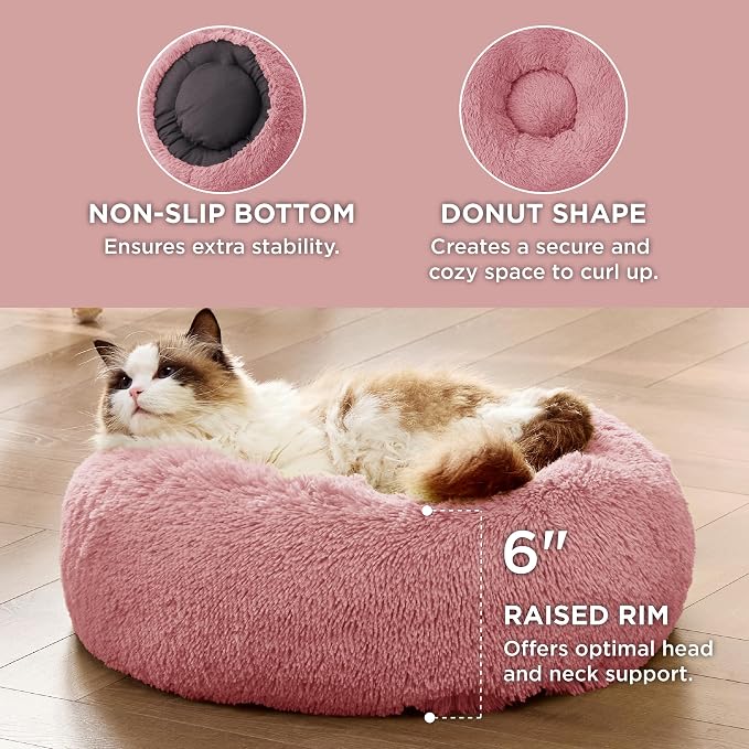 Bedsure Calming Cat Beds Donut Round Washable Kitten Bed,20 inches | Fluffy Faux Fur Cuddler,Anti-Slip Bottom,Anti-Anxiety,Deep Sleeping for Cats&Small Pets Up to 15 Lbs,Mauve Blush - Image 3