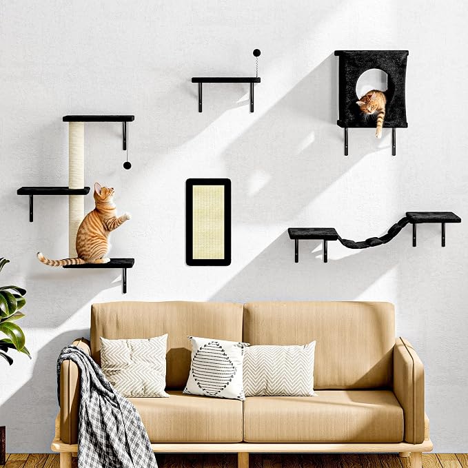 NUNU LAB Cat Wall Shelves Set, 5 Pcs Wall-Mounted Cat Climber with Cat House, Bridge, Scratching Post, Hammock, Wall Shelves, Black - Image 2