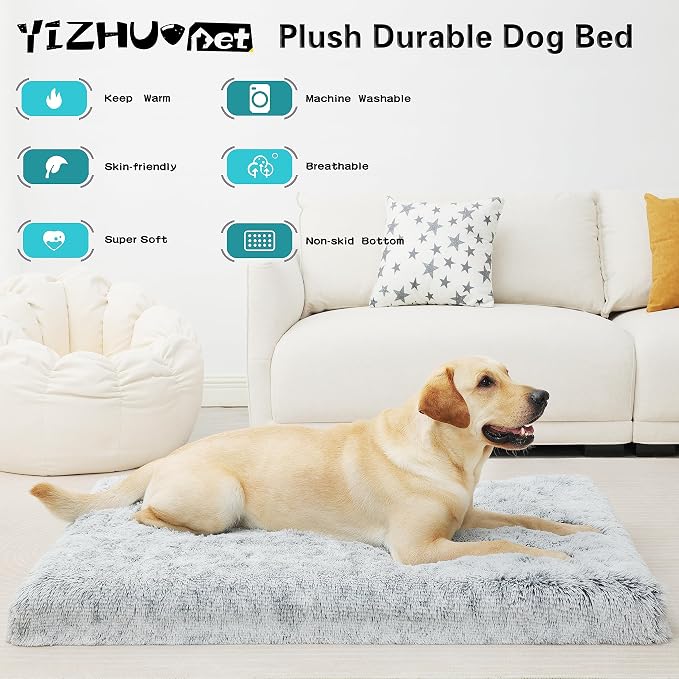 30''X20''x3 Light Grey Orthopedic Long Plush Cover Dog Bed | Soft, Waterproof，Egg Foam Pet Crate Beds Mat, Kennel Pads with Removable Washable Cover,Non-Slip Bottom - Image 2