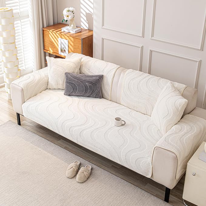 Couch Cover for Dogs, Velvet Fleece Non-Slip Sofa Covers Washable | Sofa Slipcovers for 3 Cushion Couch, Furniture Protector for Pet, L Shaped Sectional Couch Cover Wavy White, 36"X71" (1 Pcs) - Image 6