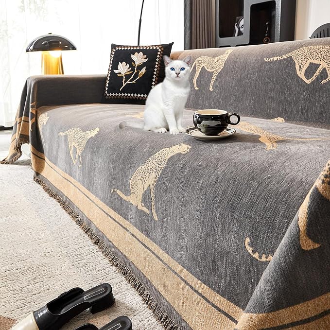 Chenille Sofa Cover with Tassels, Non-Slip Couch Cover for Seat Sofas, Washable Furniture Protector for Pets & Kids, Modern Leopard Pattern Chenille Blanket (Grey, 71"x90") by Evaloome