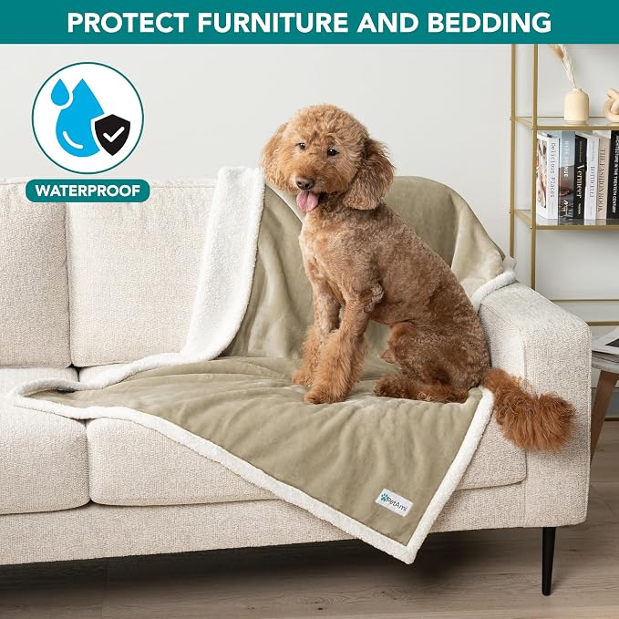 PetAmi Waterproof Dog Blanket for Couch, Large 60x40, Pee Proof Sherpa Fleece Reversible Pet Throw, Furniture Protector for Bed Sofa Kennel, Soft Washable Cover for Medium Dogs Cats, Taupe - Image 7