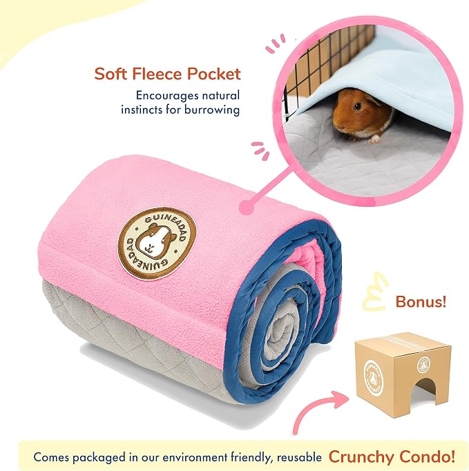 GuineaDad Original Fleece Cage Liner for Guinea Pigs – Reusable, Extra Absorbent Core with Waterproof Bottom – Burrow Pocket Bedding – Fits C&C 2x3 Cages – Pink Small Pet Liner - Image 4