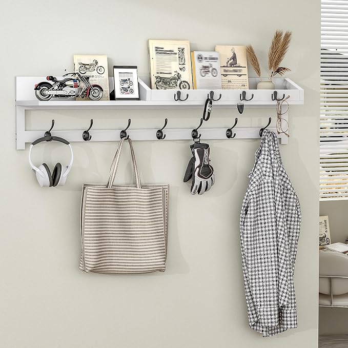 AMBIRD 35 inch Coat Rack Wall Mount, Extra Long Coat Hooks Wall Mount, Entryway Shelf with 7 Dual Coat Hooks 4 Key Hooks Mail Organizer, Wooden Wall Coat Rack with Hooks, Key Holder Rack (White) - Image 5