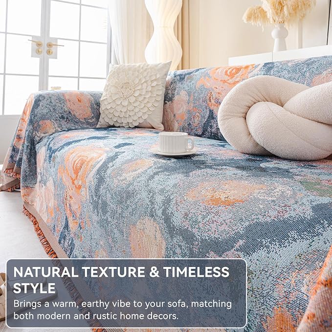 VClife Flower Couch Cover for Sectional Sofa Washable Sofa Cover, Modern Peach Blue Flower Sofa Couch Cover Breathable Anti-Slip Cotton Linen Sofa Slipcover with Tassel Aesthetic Sofa Cover 71"x118" - Image 5
