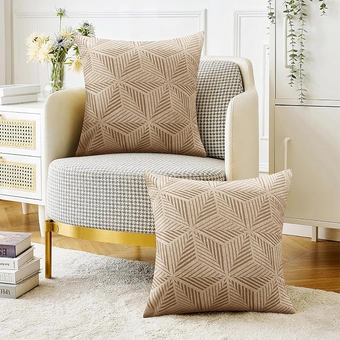 YEMYHOM Pack of 2 Throw Pillow Covers 18 x 18 Inch High Stretch Jacquard Pillowcase for Couch Sofa Living Room Home Decor, Khaki - Image 2