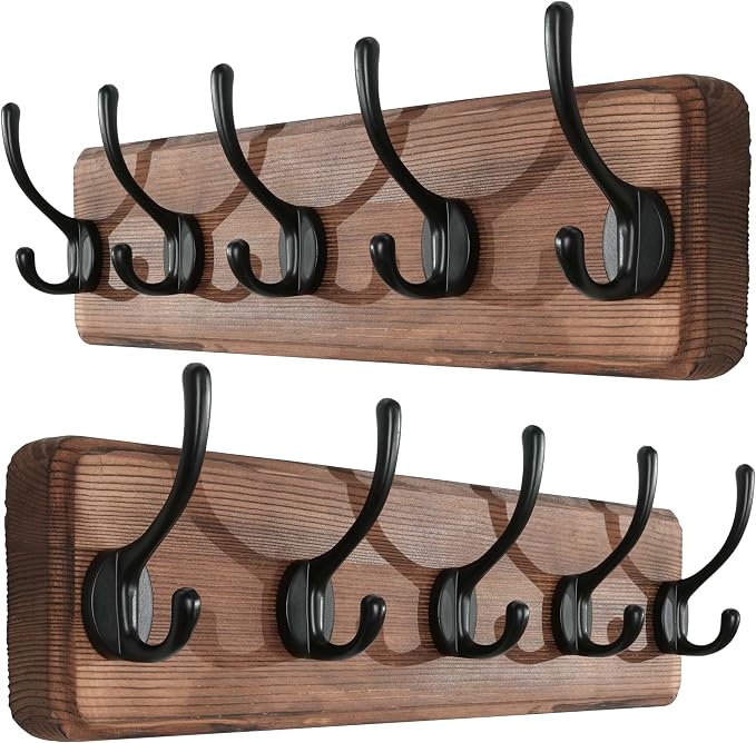 SKOLOO Rustic Wall Mounted Coat Rack, Case of 2, Pine Solid Wood Coat Hook Hanger - 5 Hooks for Hanging Clothes Robes Towels Coats by SKOLOO