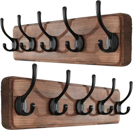 SKOLOO Rustic Wall Mounted Coat Rack, Case of 2, Pine Solid Wood Coat Hook Hanger - 5 Hooks for Hanging Clothes Robes Towels Coats by SKOLOO