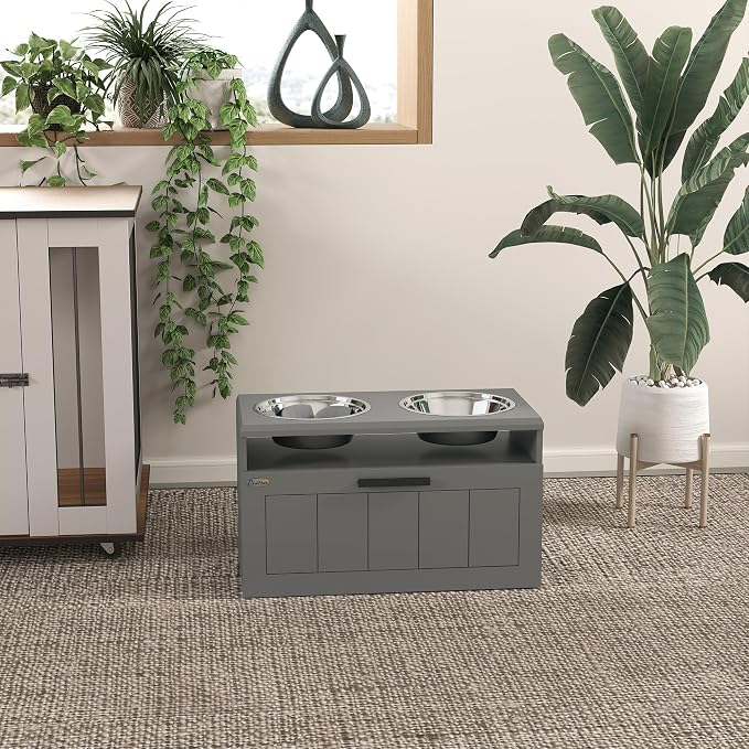PawHut Elevated Dog Bowls Raised Dog Feeder with Storage Gray | 2 Stainless Steel Bowls, Slow Feeder Mat, Feeding Station, Large Extra Large Breeds - Image 8