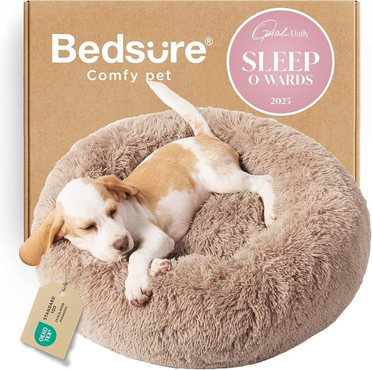 Bedsure Calming Small Dog Bed Donut Washable Cat＆Puppy Bed,23 inches Camel | Fluffy Faux Fur Round Cuddler,Machine Washable,Anti-Slip Bottom,Anti-Anxiety,Deep Sleeping for Large Cat & Pets Up to 25 Lbs by Unknown