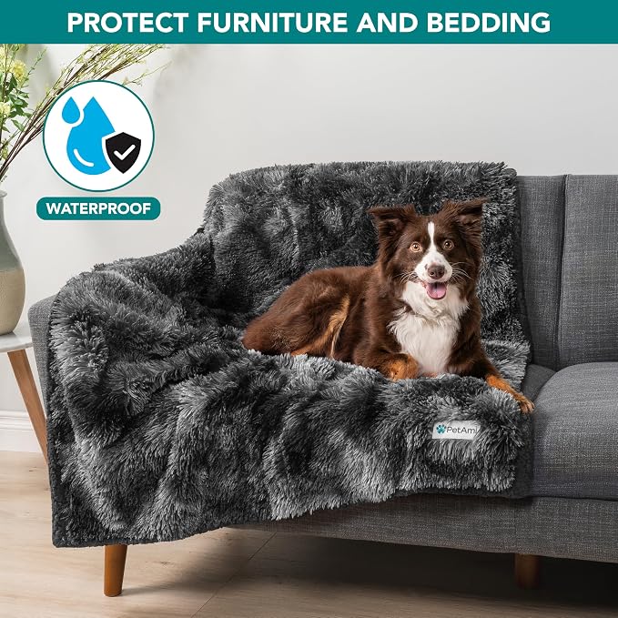 PetAmi Waterproof Dog Blanket for Couch, Bed & Furniture,Reversible Sherpa & Faux Fur Pet Blanket, Leakproof Pet Throw for Large Dog Cat, Washable Soft Calming Sofa Protector (60x80, Tie-Dye Black) - Image 2