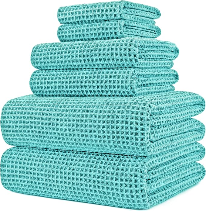 POLYTE 430 GSM Microfiber Quick Dry Lint Free Oversize Bath Towel Set, 6 Piece (Waffle Weave) by Polyte