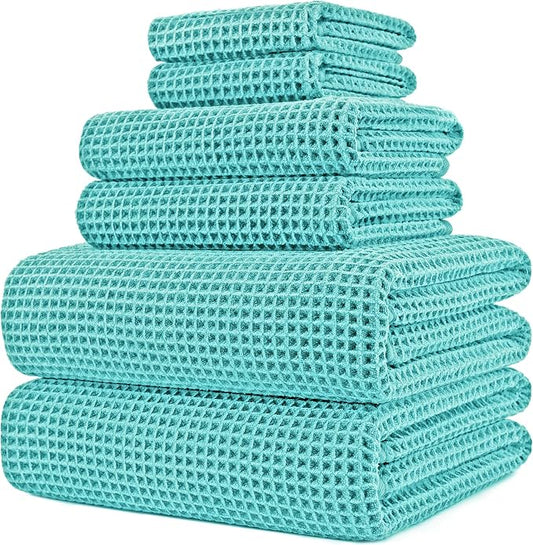 POLYTE 430 GSM Microfiber Quick Dry Lint Free Oversize Bath Towel Set, 6 Piece (Waffle Weave) by Polyte