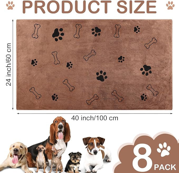 Chumia 8 Pcs Microfiber Dog Towels for Drying Dogs Cats 40 x 24 Inch Pet Towels Bulk for Large Puppy Absorbent Fast Drying Paw Bath Bathing Supplies for Pets(Dog Paw and Bone,Coffee) - Image 2