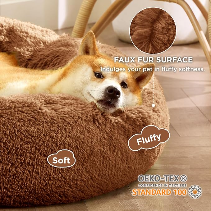 Bedsure Calming Dog Bed Medium Size Dog Donut Washable Pet Bed,30ins Copper | Fluffy Faux Fur Round Cuddler,Machine Washable,Anti-Slip Bottom,Anti-Anxiety,Deep Sleeping for Pets Up to 45 Lbs - Image 3
