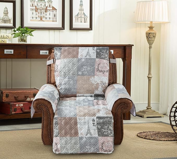 Brilliant Sunshine Latte Grey Paris & Toile Couch Recliner Cover, 28" seat | Patchwork Design, Non Slip Sofa Cover, Furniture Protector, Large Washable Reclining Chair Slipcover for Pets, Dogs & Cats - Image 2