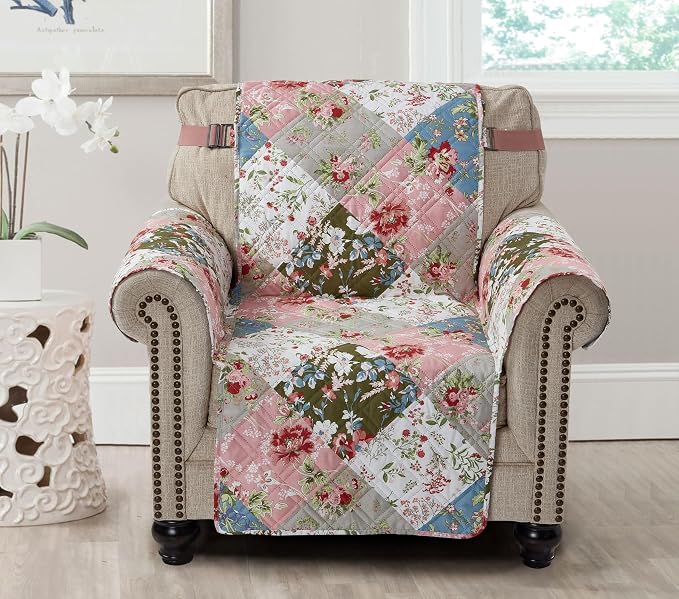 Brilliant Sunshine Peach and Olive Flowers Couch Armchair Cover, 23" seat | Patchwork Design, Non Slip Sofa Cover, Quilted Furniture Protector, Washable Chair Slipcover for Pets, Dogs, Dogs & Cats - Image 2