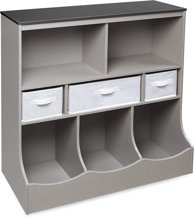 Badger Basket Combo Toy Storage Organizer and Bookshelf - Kids Storage Unit with 3 Removable Baskets, Open Shelves, Top Display Surface - Woodgrain and Gray - Image 10