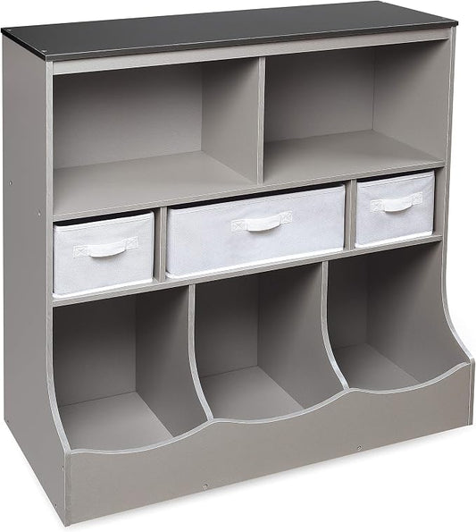 Badger Basket Combo Toy Storage Organizer and Bookshelf - Kids Storage Unit with 3 Removable Baskets, Open Shelves, Top Display Surface - Woodgrain and Gray by BadgerBasket