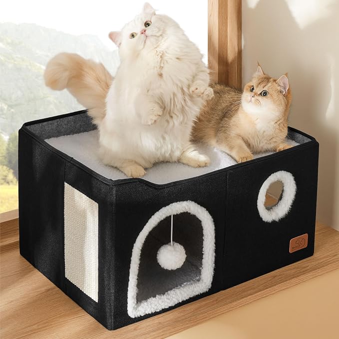 Bedsure Extra Wide Cat House Bed with Fluffy Ball and Scratch Pad,Black | 23.6x16.9x13 in,Indoor cat cave for multiple pets, Foldable cat hideway cube for sleeping large cat and kitten - Image 9