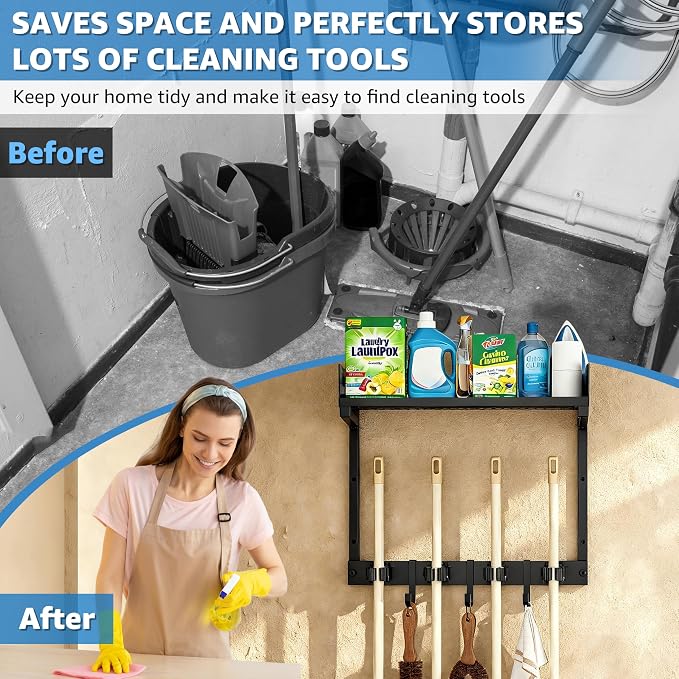 HUFAND 15" Wall Mounted Broom Holder and Mop Organizer with Shelf and Hook | Black Broom Holder Wall Mount, 4 Grippers, 3 Movable S-Hooks, For Garage And Laundry Room Storage - Image 3
