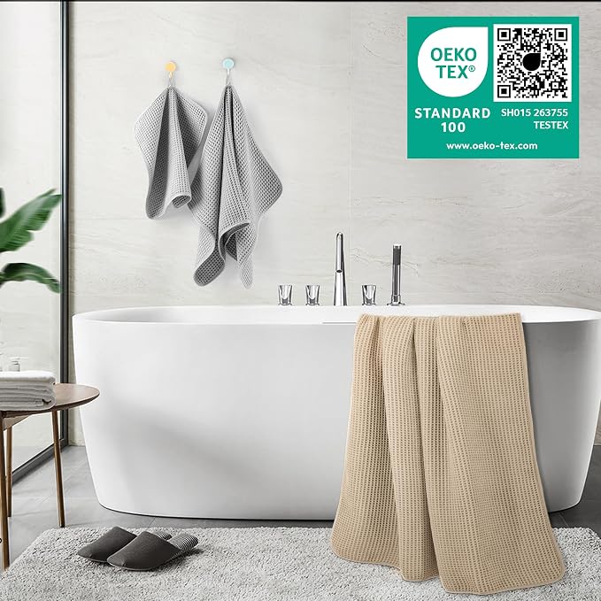 POLYTE 430 GSM Microfiber Quick Dry Lint Free Oversize Bath Towel Set, 6 Piece (Waffle Weave) - Image 3