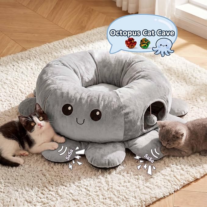 Cat Tunnel Bed for Indoor Cats, Peekaboo Cat Cave Bed with 20 Pcs Cat Toys, Soft Cat Donut Tunnel for Kitten Large Cats, Grey Octopus - Image 6