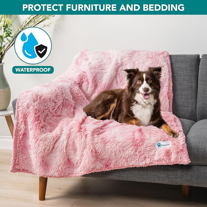 PetAmi Waterproof Dog Blanket for Couch, Bed & Furniture,Reversible Sherpa & Faux Fur Pet Blanket, Leakproof Pet Blanket for Large Dog Cat, Washable Soft Calming Protector Throw (60x80, Tie-Dye Pink) - Image 2
