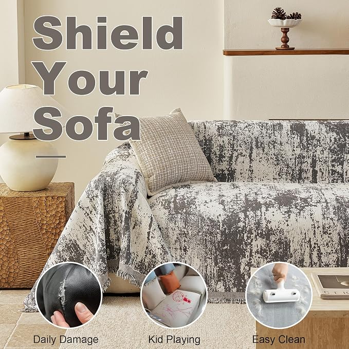 VClife Boho Couch Cover, Non Slip Soft Couch Covers for 2 Cushion Couch Sofa Pet Friendly, Irregular Vintage Grey Off-White Scraped Texture Furniture Protector Sofa Slipcover for Dog, 71" X 118" - Image 5