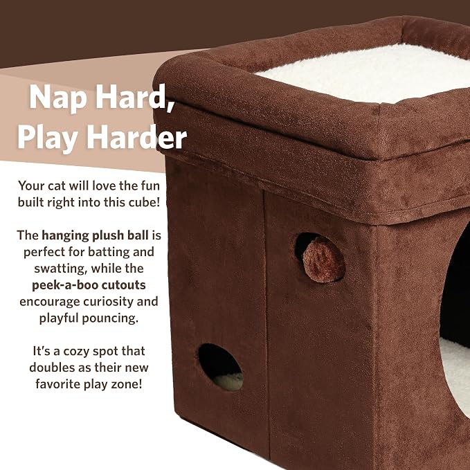 MidWest Homes for Pets Feline Nuvo Curious Cat Cube, Foldable Pet Hideout with Toy, Bolstered Bed Top, Faux Brown Suede, Synthetic Sheepskin - Image 4