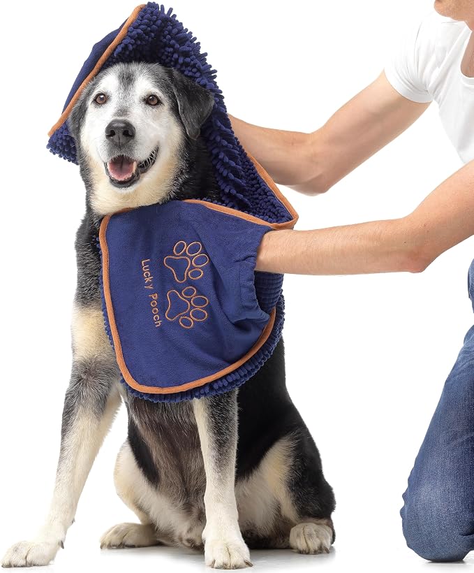 Lucky Pooch® Super Absorbent Shammy Dog Towel - Luxuriously Soft Hand Pockets – 34.5x12.5 – Quick Drying Microfiber Dog Bath Towel – Durable Dog Towels for Drying Dogs (Pack of 2, French Navy/Gray) - Image 3