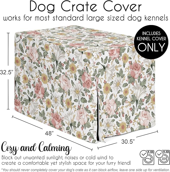 Sweet Jojo Designs 48in. Large Dog Crate Cover (Boho Vintage Floral) for Girls Pet Cage, Kennel Covers (Bohemian, Shabby Chic, Rose, Flower, Elegant, Wildflower, Farmhouse, Blush Pink, Yellow, Green) - Image 5