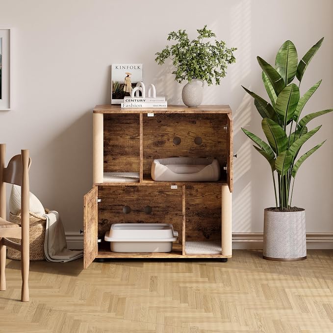 Garvee Double Layer Cat Litter Box Furniture, 2 in 1 Hidden Litter Box Furniture with Scratching Post and Litter Mats, Wooden Corner Cabinet Cat Washroom Bed - Image 3