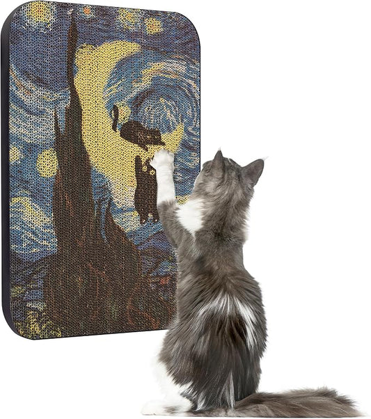 Cat Wall Scratcher, Art Cat Scratching Board for Indoor Cats | Wall Mounted Cat Scratch Pad, Water-Based Ink, Hook&Loop Strips, Floor or Wall Use, 16.7x11x1 Inch, Starry Night by LESISSMER