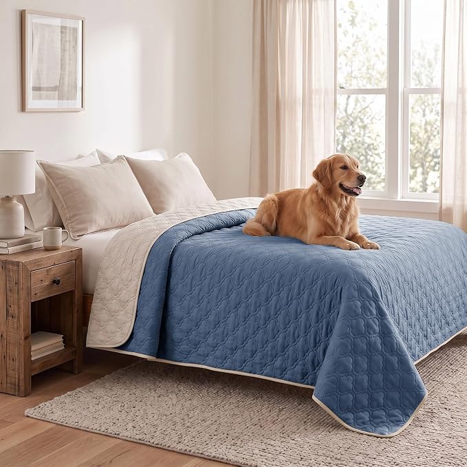 Waterproof Couch Cover - Washable Dog & Pet Furniture Protector | TPU Leak-Proof Liner, Microfiber Fabric, Lightweight & Reversible, Fits Sofa and Bed, 82" x 102" , Blue/Cream by Bigbeer