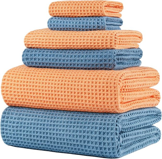 POLYTE 430 GSM Microfiber Quick Dry Lint Free Oversize Bath Towel Set, 6 Piece (Waffle Weave) by Polyte