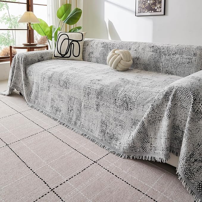 ROOMLIFE Couch Cover 3 Cushion Sofa, Washable Non Slip Furniture Sofa Protector Cover, Soft Chenille Sofa Slipcovers Sectional L Shape Dogs Couch Cover Throw Blanket with Tassels 71''X118'' - Image 2