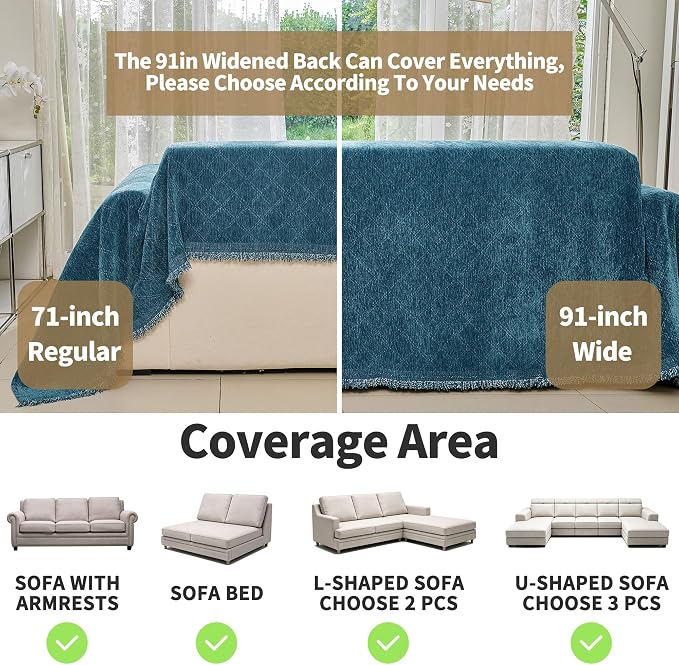 VANJOROY Boho Couch Sofa Cover for 3 Cushion Sectional Sofa L-Shape -Washable Chenille Couch Cover for Dogs Pets, Boho Couch Cover Protector Soft Blue Sofa Slipcovers with Tassel,71"x 134" - Image 3