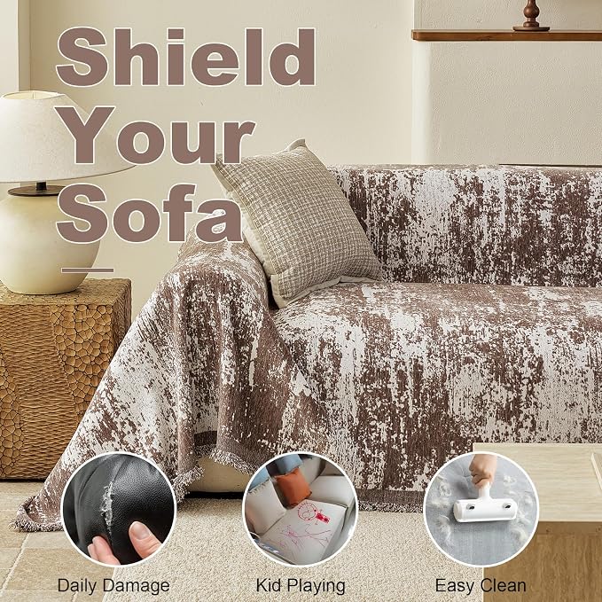 VClife Boho Couch Cover, Non Slip Soft Couch Covers for 3 Cushion Couch Sofa Pet Friendly, Irregular Vintage Brown Off-White Scraped Texture Furniture Protector Sofa Slipcover for Dog, 71" X 134" - Image 5
