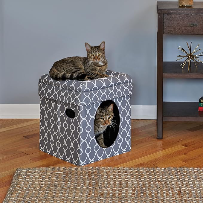 MidWest Homes for Pets Feline Nuvo Curious Cat Cube, Foldable Cat Hideout with Toy, Bolstered Bed Top, Gray Geo Print, Faux Fur - Image 2